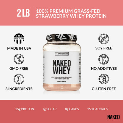 NAKED Strawberry Whey Protein Powder, Only 3 Ingredients, 25g Grass Fed Whey Protein Powder, Aid Muscle Growth & Recovery - 24 Servings