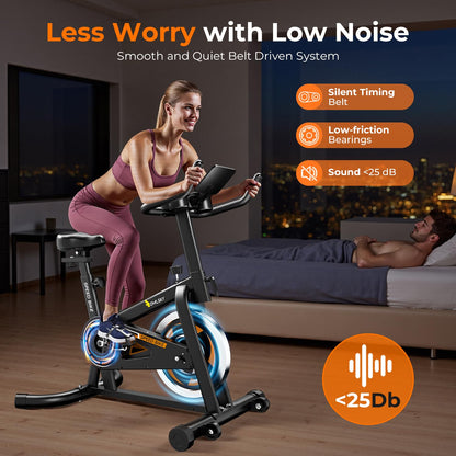 OWLSKY Exercise Bike with APP, Wool Felt Indoor Cycling Bike, 300 lbs Capacity Quiet Stationary Bike for Home Gym Cardio Workout, Adjustable Seat & Tablet Holder