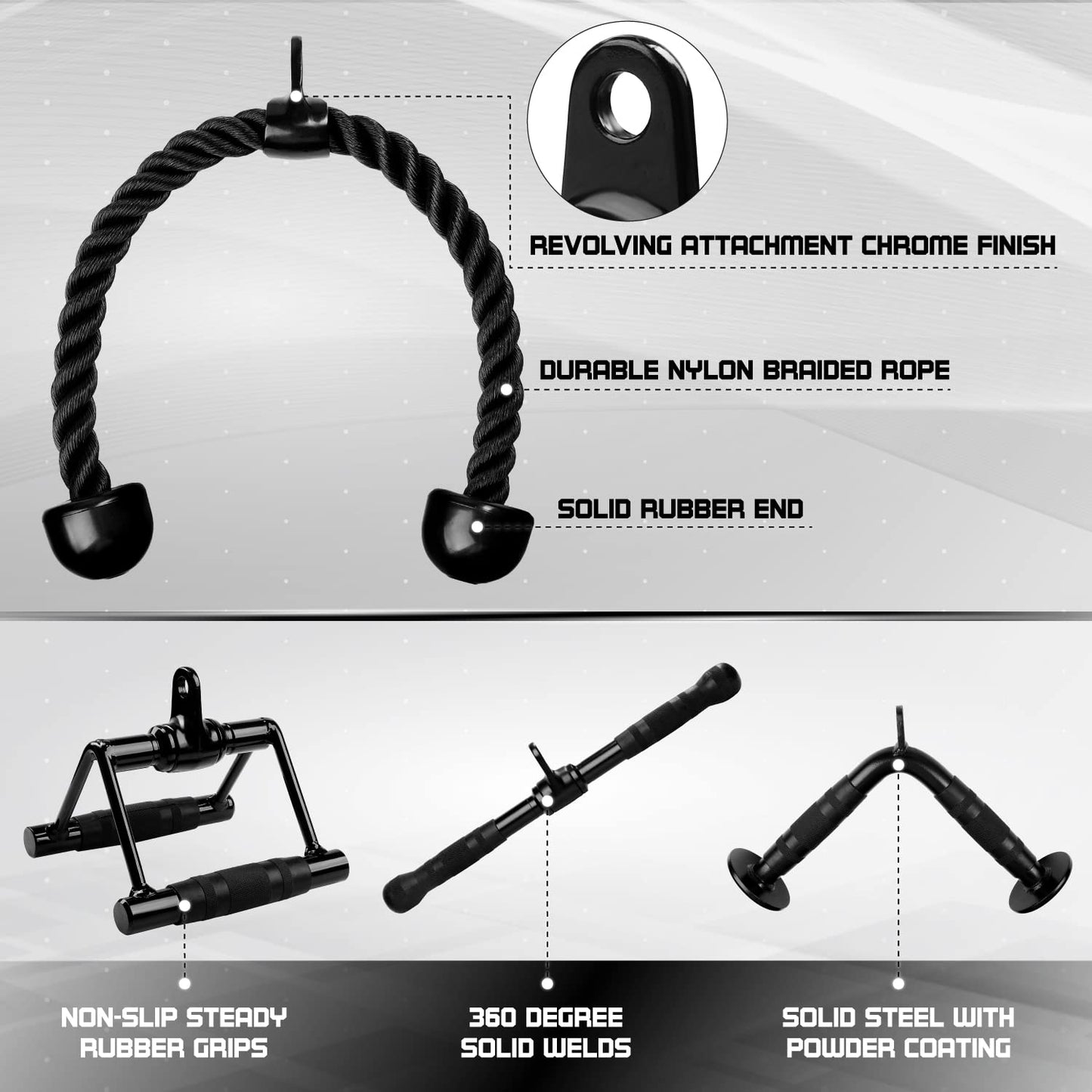 Yes4All Black Combo Tricep Pull Down Rope, Double D Handles, V-Shaped Bar & Rotating Pull Down Straight Bar, Tricep Press Down Cable Machine Attachment, LAT Pulldown Attachments for Home Gym Set
