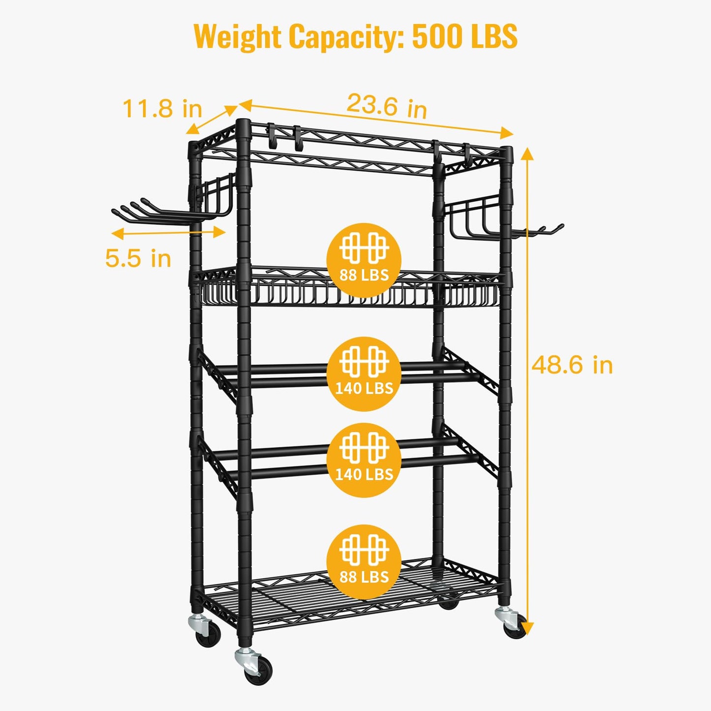 FUTASSI S3 Dumbbells Rack Storage Rack, Rolling Home Gym Weight Organizer Rack, Yoga Mat Storage and Workout Equipment Organizers for Gym Studio, Max Load 500 LBS, 34.6"W x 11.8"D x 48.6"H, Black