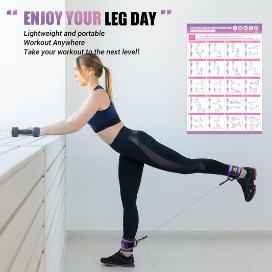 Ankle Resistance Bands with Cuffs, Ankle Bands for Working Out, Ankle Band Cuff for Kickbacks Hip, Leg Glute Exercise Equipment with Training Poster, Resistance Band with Ankle Cuffs for Women(Purple)