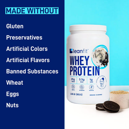 LeanFit WHEY Protein Cookies & Cream - 100% Whey Protein Powder, 25g Protein Per Serving - Grass-Fed, Gluten-Free, BCAAs, Amino Acid - 26 Servings, 1.88 lb Tub