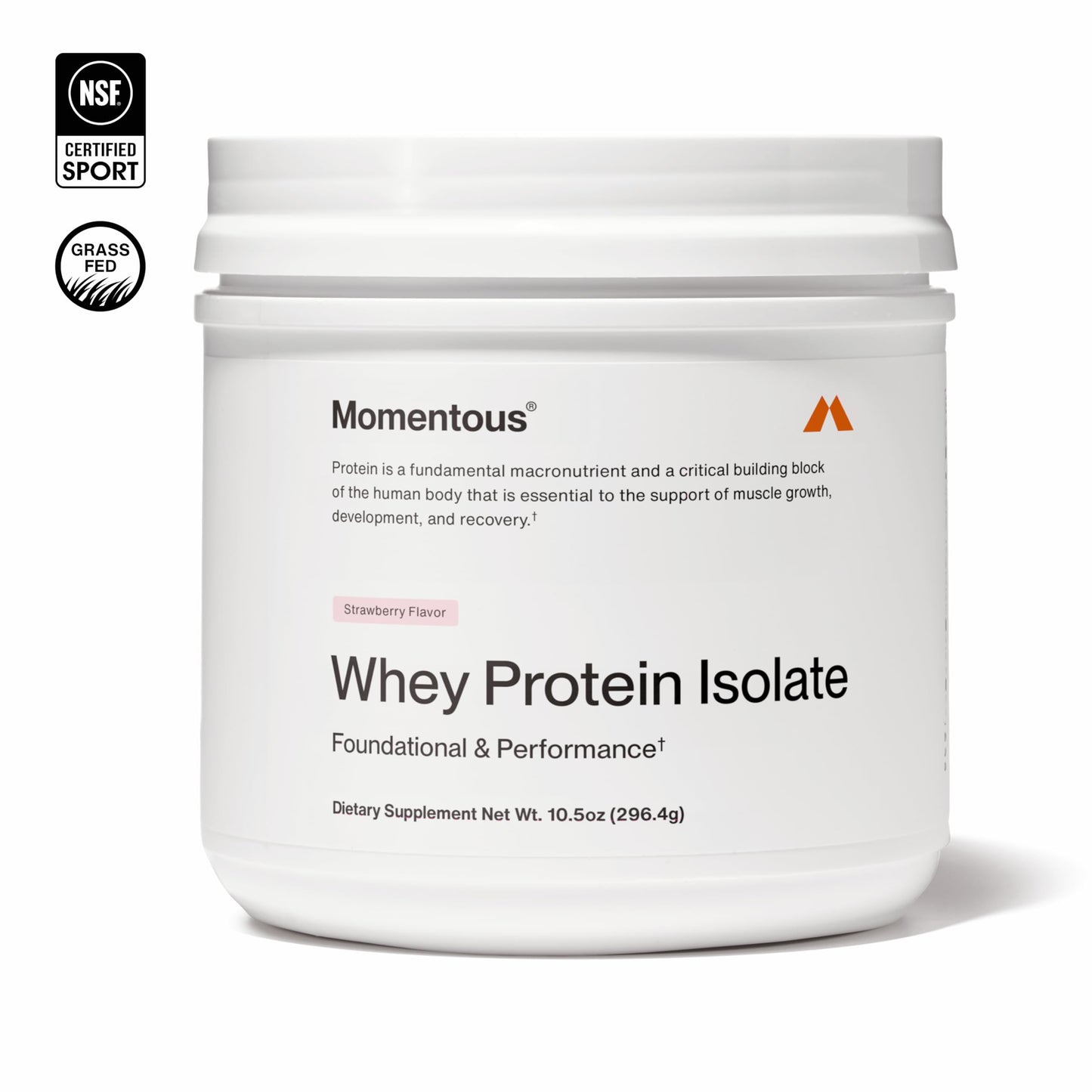 Momentous Essential Grass-Fed Whey Protein Powder - 20g Whey Isolate Protein - NSF Certified for Sport - Gluten-Free - 12 Servings for Essential Everyday Use, Strawberry (Package May Vary)