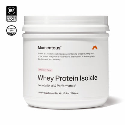 Momentous Essential Grass-Fed Whey Protein Powder - 20g Whey Isolate Protein - NSF Certified for Sport - Gluten-Free - 12 Servings for Essential Everyday Use, Strawberry (Package May Vary)