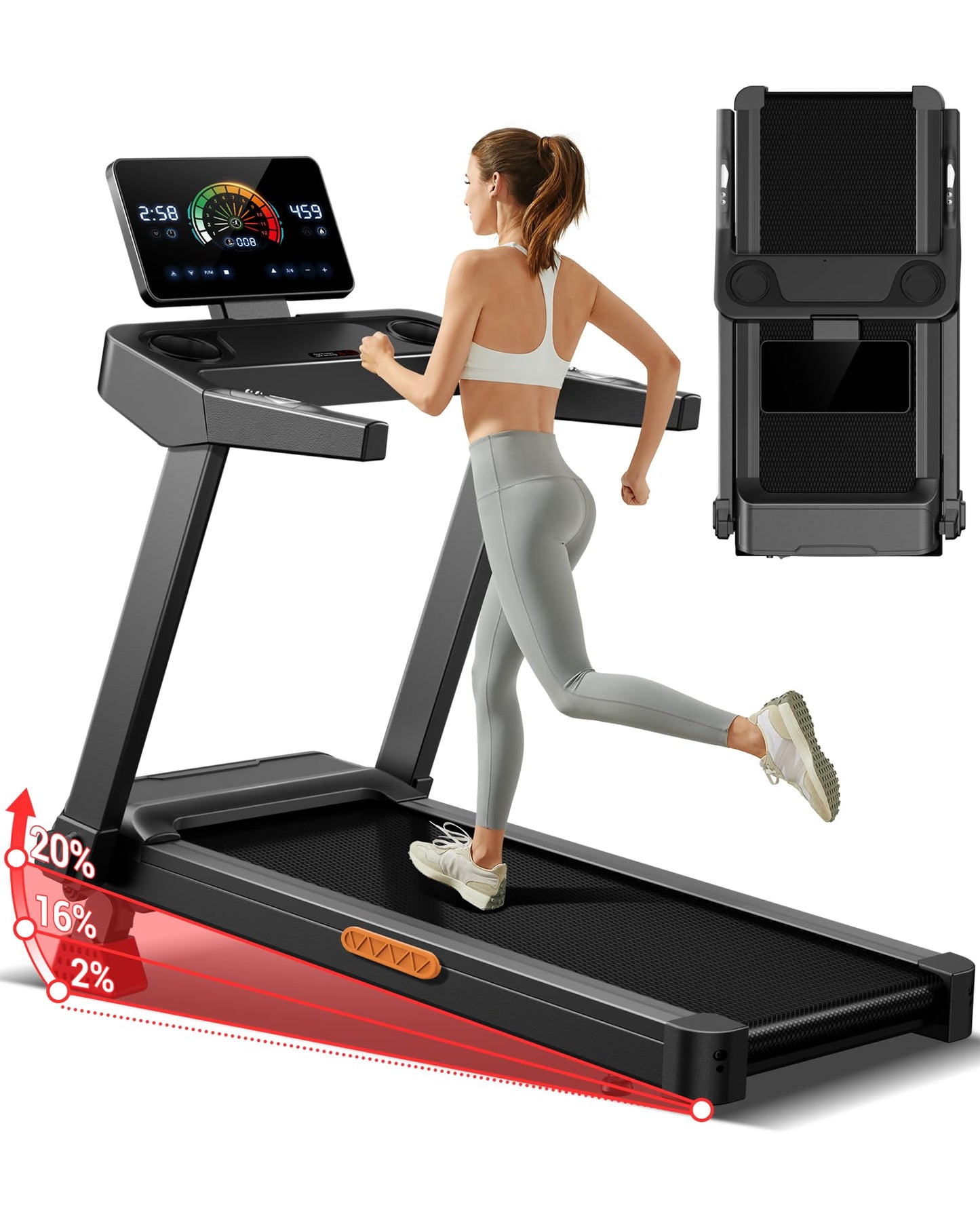 UMAY Fitness Treadmill with 3-Level Incline, Treadmills for Home Auto Folding with Pulse Sensors, 300 LBS Capacity, 3.0HP Quiet Brushless, Max 8.7 MPH (Treadmill with handrail) (Black with Screen)