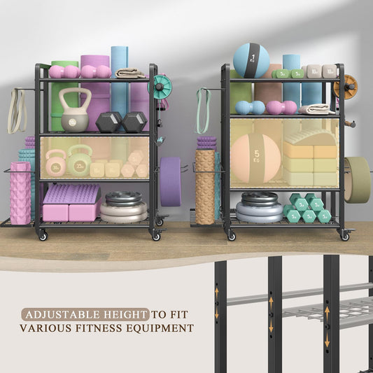 4-Tier Dumbbell Rack Stand Only, Adjustable Weight Rack for Dumbbells Kettlebells Yoga Mat, Home Gym Storage Rack with Wheels and Hooks, Powder Coated Finish (Large)