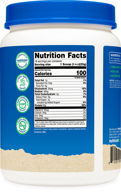 Nutricost Organic Whey Protein Concentrate, Unflavored, (1LB) - Gluten-Free, Non-GMO