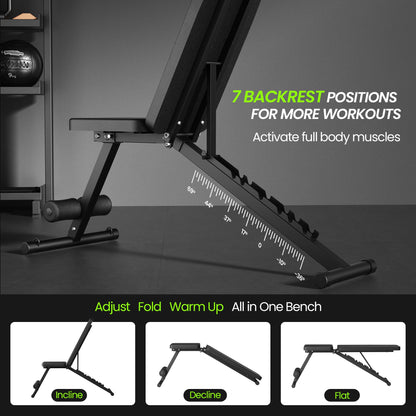 Adjustable Weight Bench for Home Gym, Foldable Workout Bench for Full Body Fitness Dumbbell Exercise, 600LBS Incline Decline Flat Bench with Resistance Bands for Strength Training