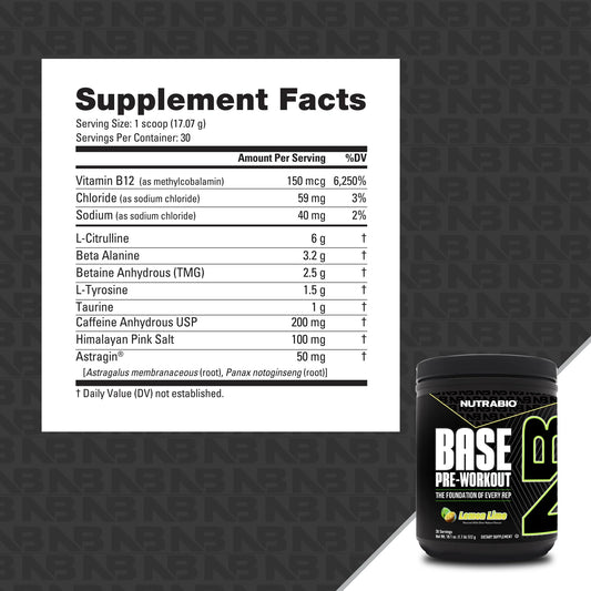 NutraBio Base Pre-Workout Powder 200mg Caffeine, Sustained Energy, Focus, Endurance, Pump, Sugar Free, Clean Preworkout for Men and Women - Beta Alanine, L-Tyrosine, 30 Servings - Lemon Lime