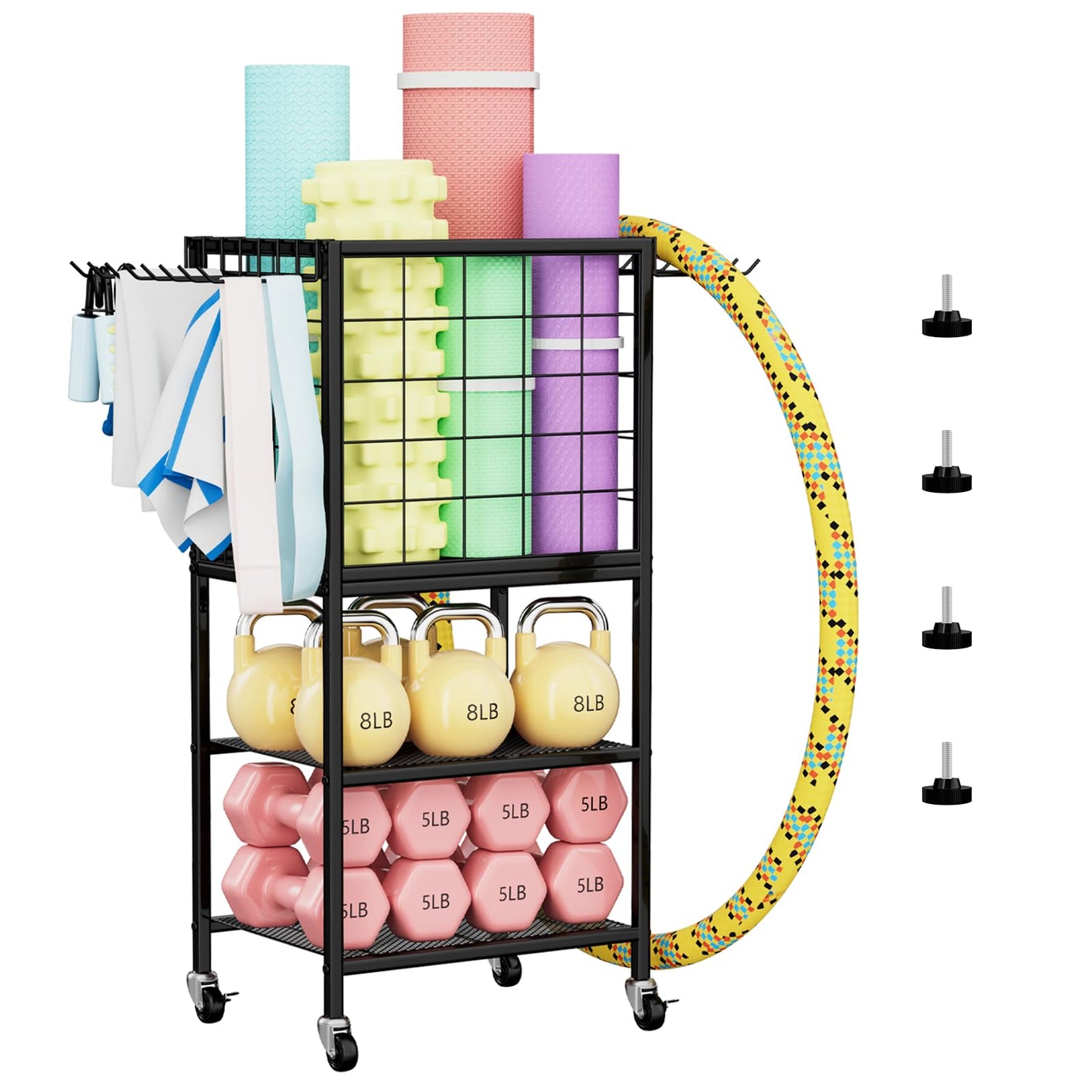 Dumbbell Rack for Home Weight Rack for Home Gym Yoga Mat Storage Rack Black Workout Equipment Storage Organizer with Hooks Yoga Mat Holder with Wheels for Yoga Block, Dumbbell, Resistance Band