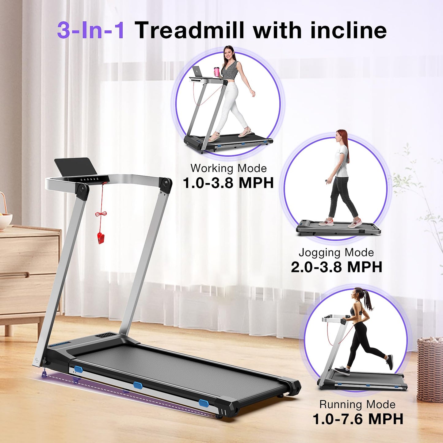 Cardirun 3 in 1 Foldable Treadmill with Desk Workstation - 3.0HP & 350 lb Capacity, Under Desk Treadmill with Incline for Home Small, Smart Voice Control & App & Remote Control, 2s Folding