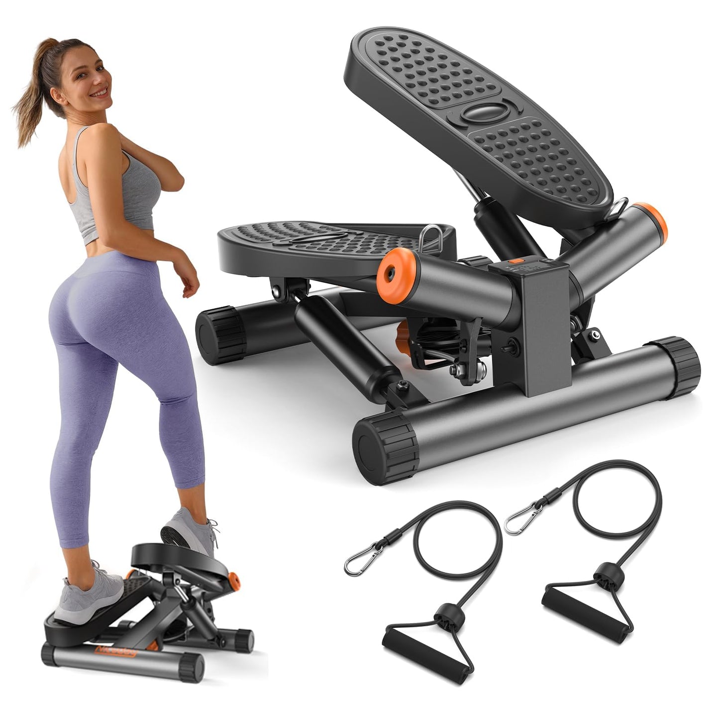 Niceday Twist Stepper for Exercise at Home, Mini Stair Stepper with Resistance Bands at Home Workout Equipment with 300LBS Loading Capacity, Hydraulic Fitness Stepper with LCD Monitor Gray