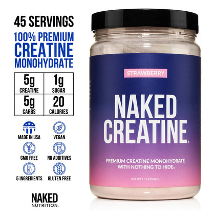 NAKED Creatine - Strawberry Flavored Creatine Monohydrate - Real Strawberry Powder, No Additives, Muscle Growth, Vegan, Non-GMO, Gluten Free, Soy Free - 45 Servings