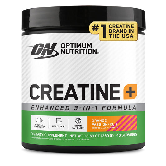 Optimum Nutrition Creatine Monohydrate Plus Powder, Orange Passionfruit Flavored Creatine Performance Blend With Electrolytes for Hydration, Added Vitamins, 40 Servings, 360 Grams (Packaging May Vary)