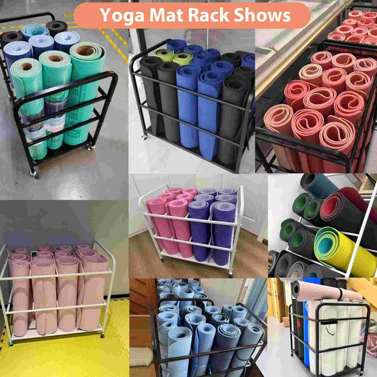 ElveBuka Large Yoga Mat Storage Rack Cart with Wheels, Metal Yoga Mat Holder Basket Home Gym Foam Rollers Organizer for Home Gym Yoga Studio(Stand Only, No Mats)