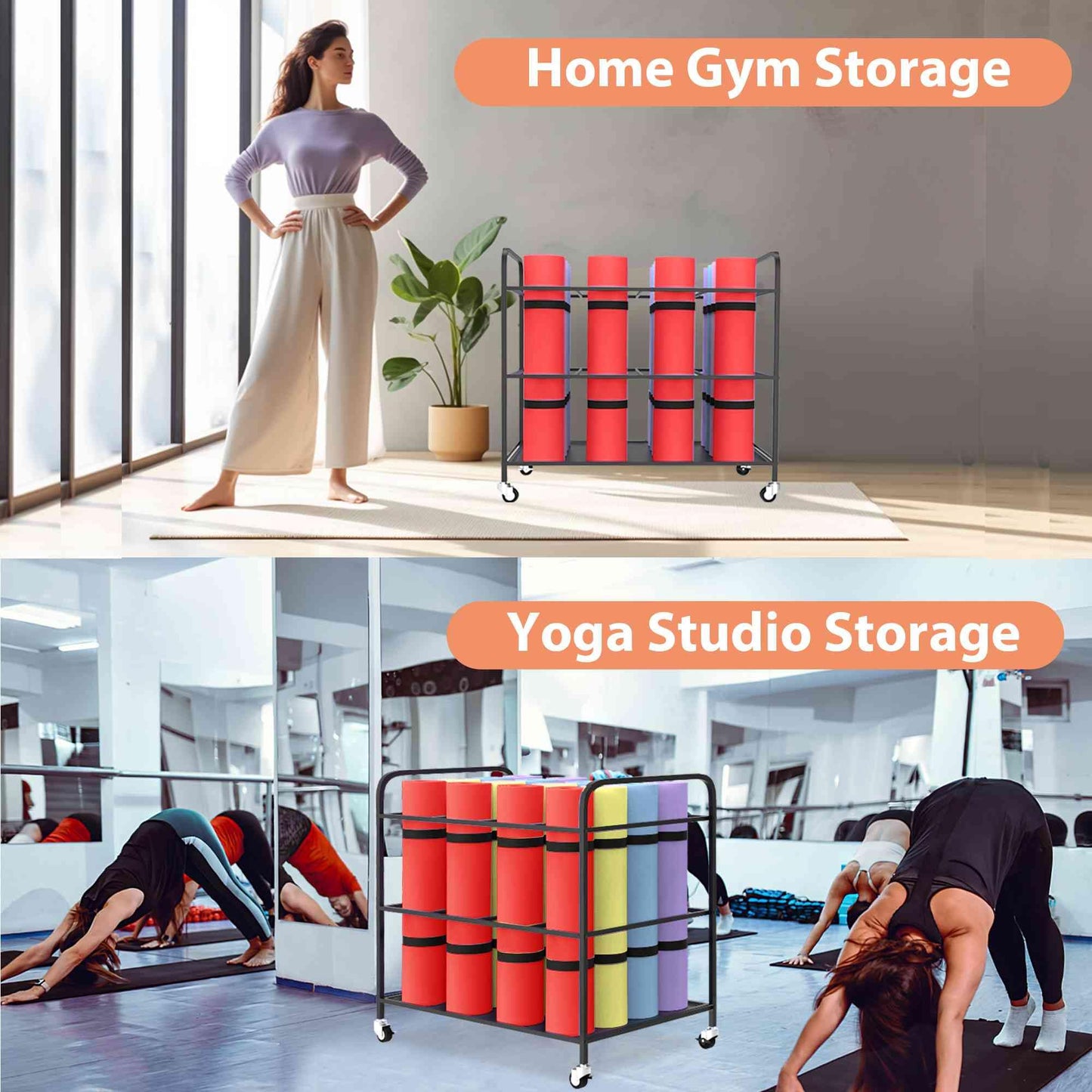 ElveBuka Large Yoga Mat Storage Rack Cart with Wheels, Metal Yoga Mat Holder Basket Home Gym Foam Rollers Organizer for Home Gym Yoga Studio(Stand Only, No Mats)