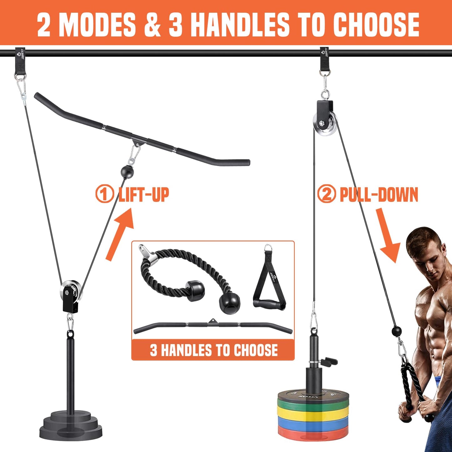 SERTT Cable Pulley System Gym, Power Rack Pulley Attachment with 2-in-1 LAT Pull Down Bar and Upgraded Loading Pin,Used for Triceps Pulldown, Biceps, Back, Shoulder