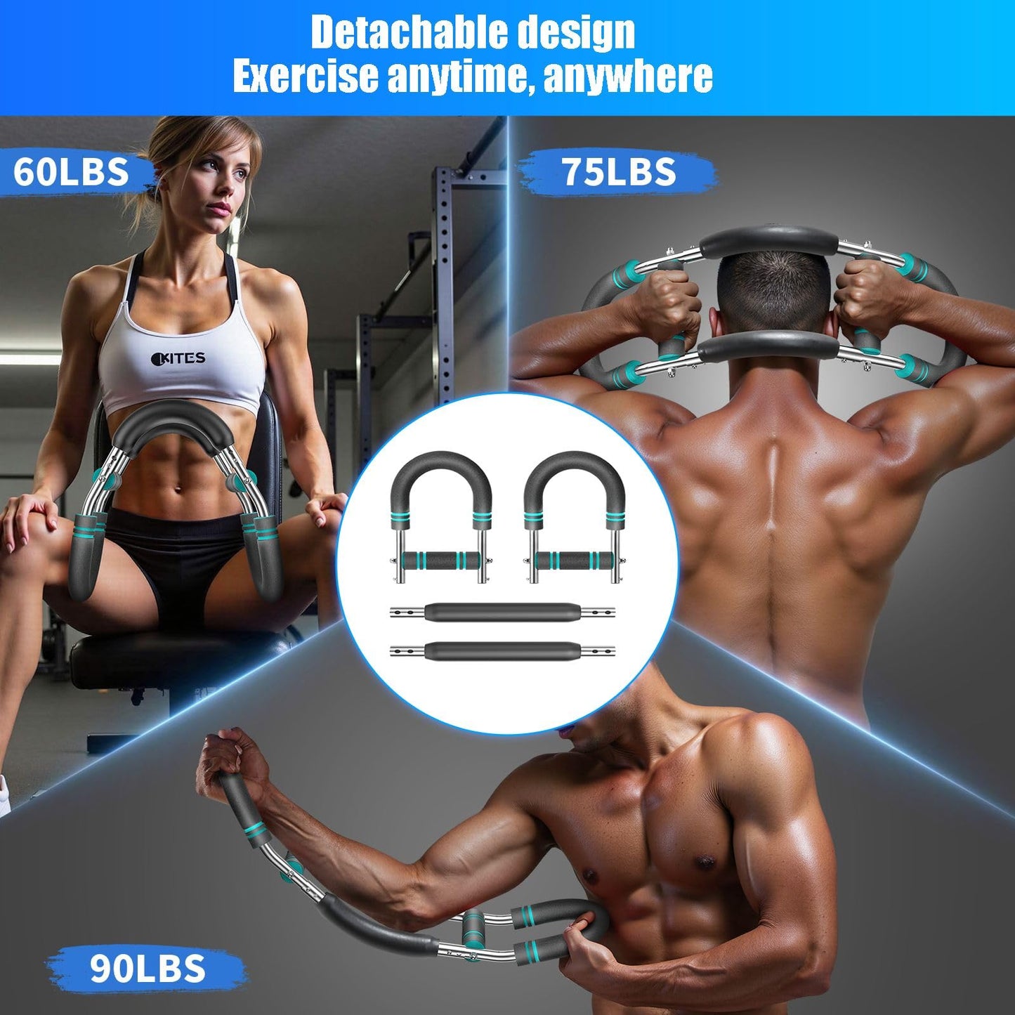 EINOJEOY Twister arm Trainer, Adjustable Resistance Chest Workout Equipment,Forearm Power Exercise bar, pectoralis spinalis Device, Portable Detachable Design(60-90lbs)