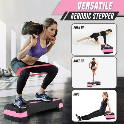 SFIHOME 31" Aerobic Exercise Step Platform, Step Up Exercise Platform with 4" 6" 8" Adjustable Risers, Stair Stepper Workout Stepper for Home Gym Strength Training Fitness Equipment, Pink