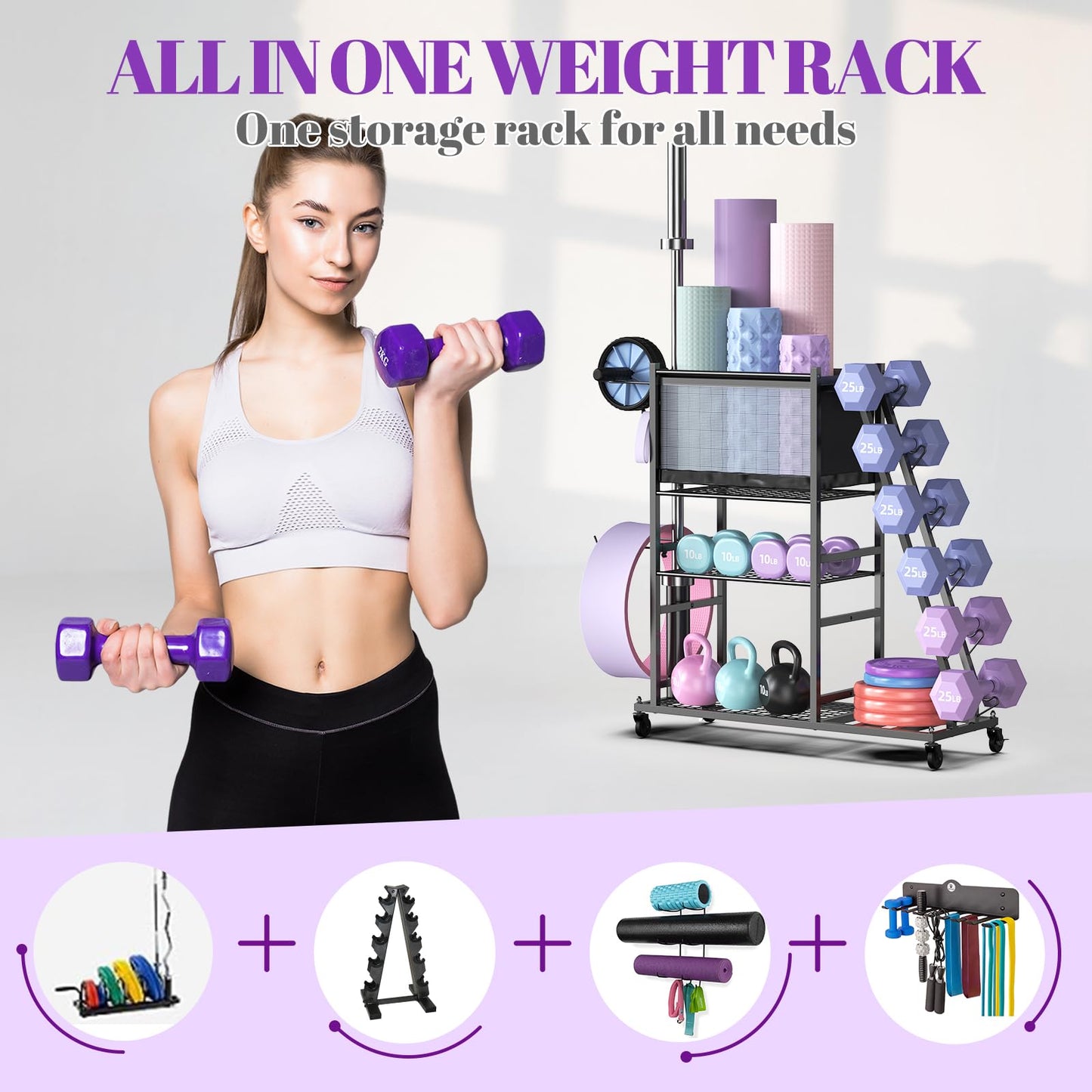 Mythinglogic Dumbbell Rack for Home Gym, Weight Rack for Dumbbells, Multifunctional Yoga Mat Holder for Barbell plates and Kettlebells, Home Gym Storage Rack with Casters (Small)