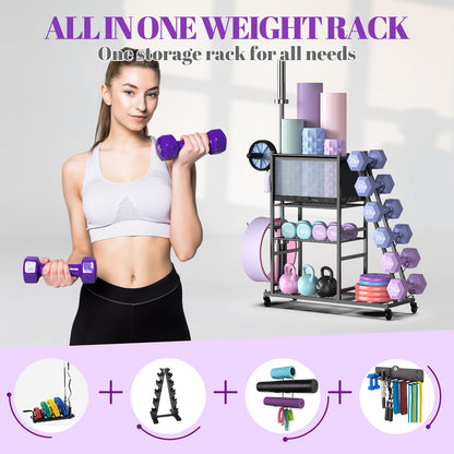 Mythinglogic Dumbbell Rack for Home Gym, Weight Rack for Dumbbells, Multifunctional Yoga Mat Holder for Barbell plates and Kettlebells, Home Gym Storage Rack with Casters (Small)