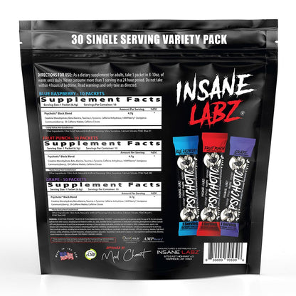 Insane Labz Psychotic Black Edition Mid Stimulant Pre Workout Powder, Energy Focus Pumps, Loaded with Creatine Beta Alanine Taurine Fueled by AMPiberry, Variety 30 Servings