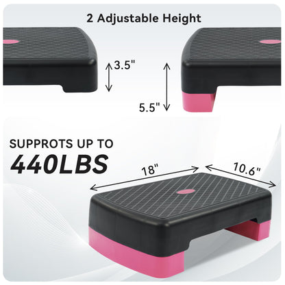 Fitvids 18" Workout Aerobic Stepper Step Platform with 2 Risers, Lightweight Portable Step Up Platform Trainer, Adjustable Height 3.2’’ 5.5’’ for Home Gym, Black and Pink
