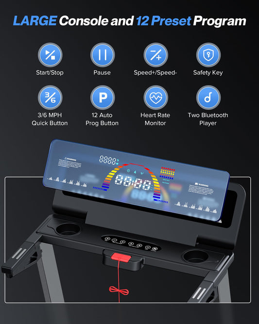 WELLFIT Home Treadmill, 2 Level Incline Heavyduty Treadmill with Pulse Sensor, 4.0 HP, 10 MPH, 450 lbs Capacity, 20'' x 45'' Running Area Treadmills with Bluetooth Player & LED Display
