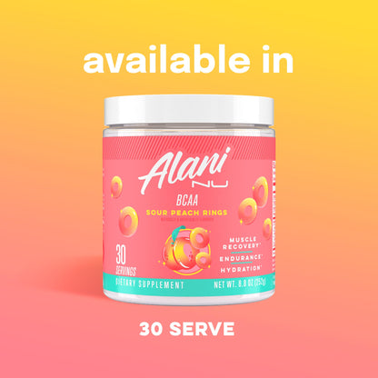 Alani Nu BCAA Sour Peach Ring | Branch Chain Essential Amino Acids | 2:1:1 Formula | Supplement Powder | Muscle Recovery Vitamins for Post-Workout | 30 Servings