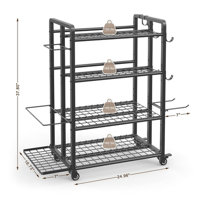 4-Tier Dumbbell Rack Stand Only, Adjustable Weight Rack for Dumbbells Kettlebells Yoga Mat, Home Gym Storage Rack with Wheels and Hooks, Powder Coated Finish (Large)