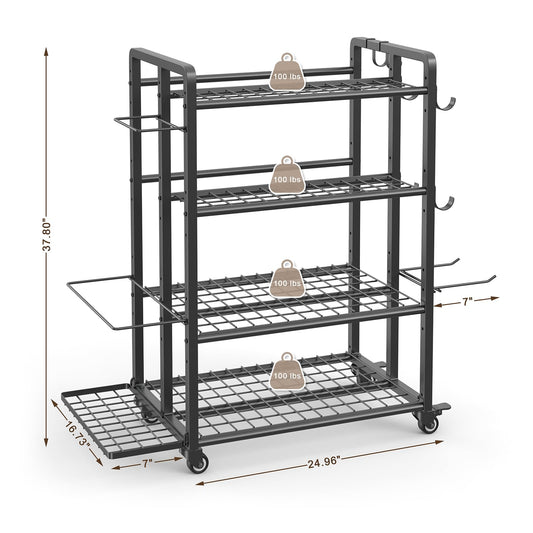 4-Tier Dumbbell Rack Stand Only, Adjustable Weight Rack for Dumbbells Kettlebells Yoga Mat, Home Gym Storage Rack with Wheels and Hooks, Powder Coated Finish (Large)