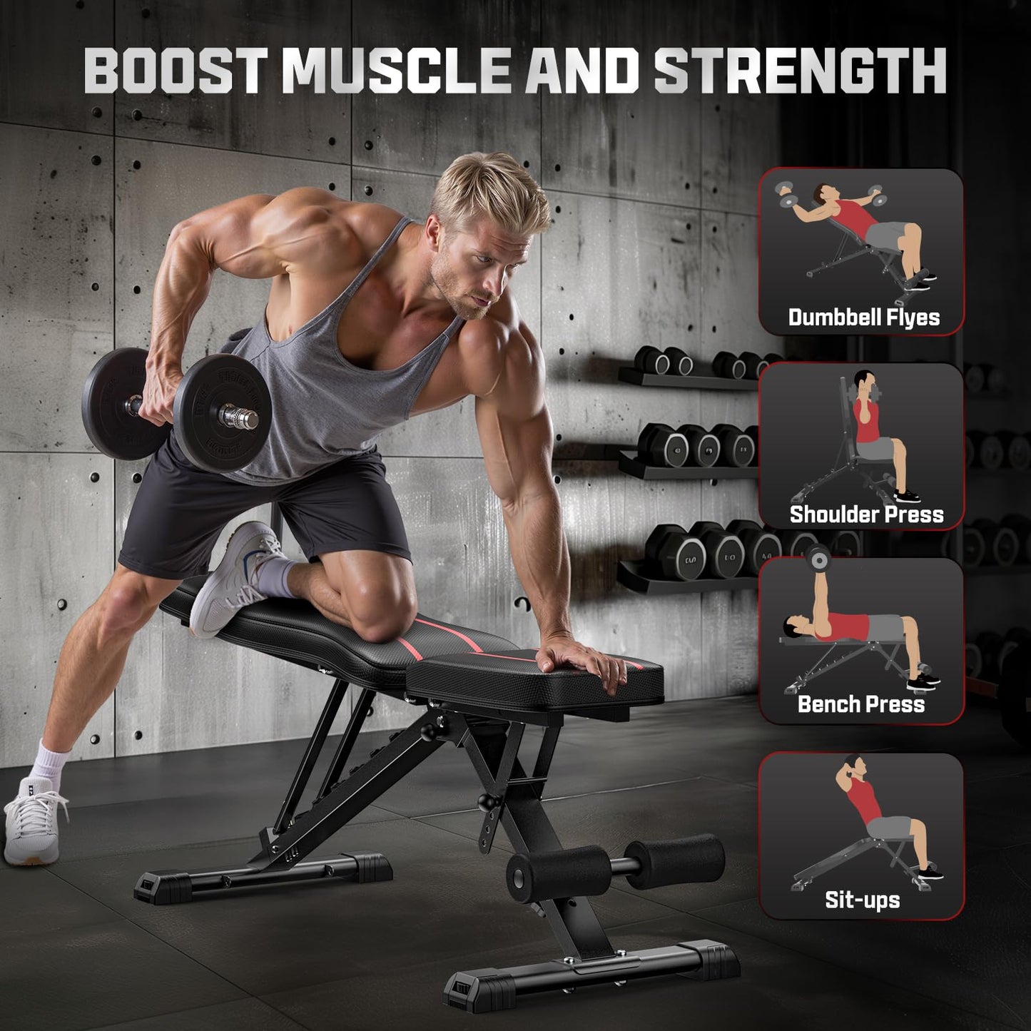 FLYBIRD Adjustable Bench,Utility Weight Bench for Full Body Workout- Multi-Purpose Foldable Incline Bench (Black)