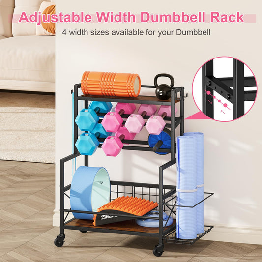 Snughome Dumbbell Rack, Adjustable Weight Rack for Dumbbells, Home Gym Storage Rack for Dumbbell, Kettlebells, Foam Roller and Yoga Mat, All in One Workout Equipment Storage with Wheels and Hooks