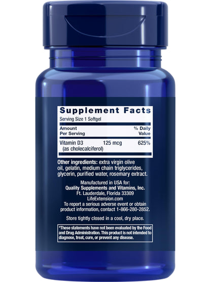 Life Extension Vitamin D3 125 mcg (5000 IU), Bone Health, Brain Performance, Immune System Support, Gluten-Free, Non-GMO, Once Daily, Two-Month Supply, 60 Softgels