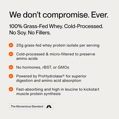 Momentous Essential Grass-Fed Whey Protein Powder - 20g Whey Isolate Protein - NSF Certified for Sport - Gluten-Free - 24 Servings for Essential Everyday Use, Unflavored (Package May Vary)