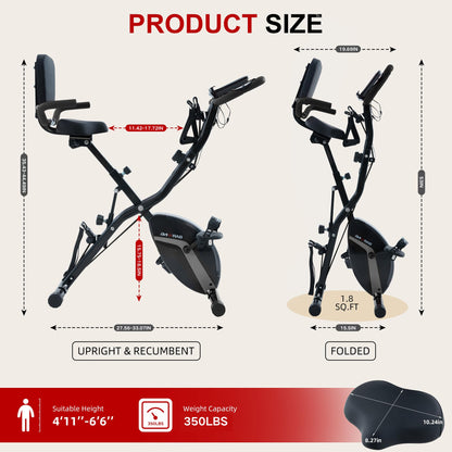 BARWING Stationary Exercise Bike for Home Workout, 5 IN 1 Foldable Indoor Cycling Bike for Seniors, 350LB Capacity, 16-Level Magnetic Resistance, Seat Backrest Adjustments (Black)