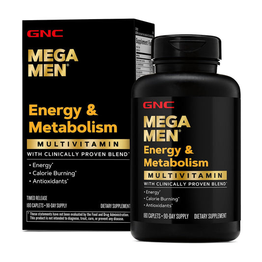 GNC Mega Men Energy & Metabolism Multivitamin Caplets, Clinically Proven To Feel Better, Calorie Burn, Focus, 100mg Caffeine, Thermogenic, Immune, B Vitamins, Timed Release, 180 Count, 90 Day Supply