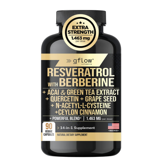 gflow vitamins Resveratrol Supplement - 6000mg Max Strength with Berberine 3000mg Ceylon Cinnamon 1000mg Quercetin 2000mg, n Acetyl cysteine, Green Tea Extract, Acai - 14-in-1 Complex, 100% Natural