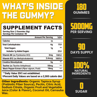 (180 Count) Creatine Monohydrate Gummies for Men & Women - Sugar Free, Creatine Pre Workout Gummies for Muscle Builder, Muscle Strength, Recovery, Endurance, Energy, Creatine for Women & Men, Vegan