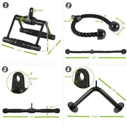 DYNASQUARE Cable Attachments for Home Gym, Made of Heavy Duty Solid Steel, LAT Pulldown Attachment, Weight Machine Accessories, Straight Pull Down Bar, Tricep Rope, Exercise & Double D Handle