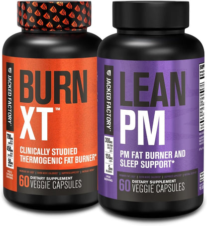 Jacked Factory Burn XT Thermogenic Fat Burner & Lean PM Nighttime Weight Loss Supplement for Men & Women 60 Veggie Diet Pills