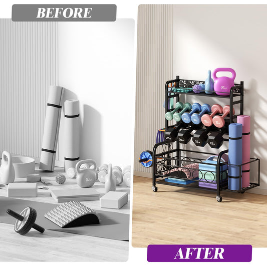 Dumbbell Rack,VOPEAK Weight Rack for Dumbbells, Weight Rack for Home Gym, Home Gym Storage Rack for Yoga Mat Kettlebells and Strength Training Equipment, Weight Storage Rack for Dumbbells with Wheels