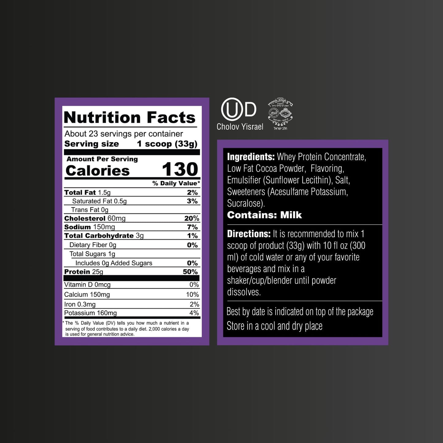 Cookies and Cream Whey Protein Powder. Post Workout Recovery Drink, Gluten & Sugar Free Highly Kosher, 25g Protein. Essential Amino Acids - 5.5g BCAA, 2.7g Leucine, 1.4g Isoleucine, 1.4g Valine 26.4oz