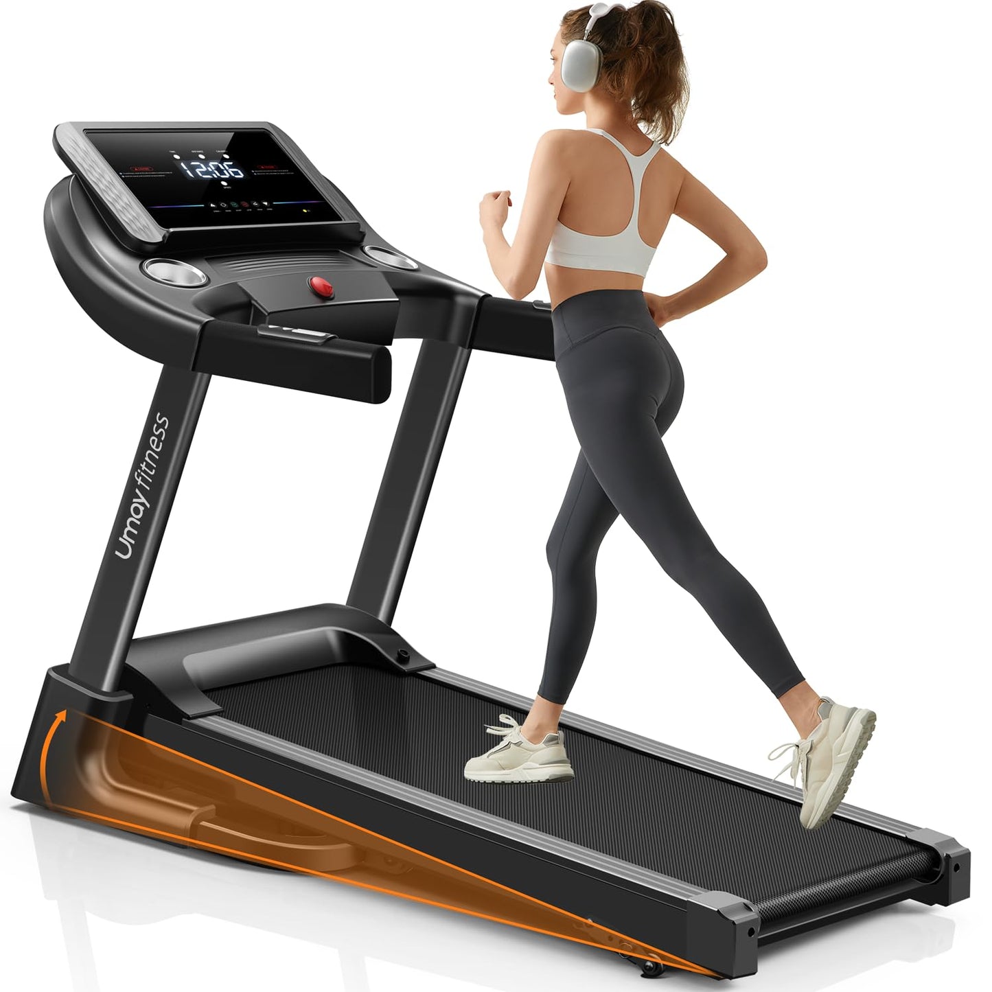 UMAY Fitness Treadmill with 3-Level Incline, Treadmills for Home Auto Folding with Pulse Sensors, 300 LBS Capacity, 3.0HP Quiet Brushless, Max 8.7 MPH (Treadmill no handrail) (Black)
