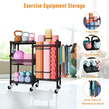FUTASSI S2 Home Gym Storage, Rolling Yoga Mat Storage and Organizer, Sport Equipment Rack for Dumbbells, Kettlebells, Foam Rollers, Resistance Bands, 11.8" D x 36" W x 32.5" H, Black