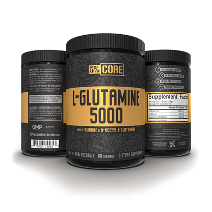 5% Nutrition Core L-Glutamine 5000 Supplement w/L-Alanine | Immune & Digestive Support | Amino Acid Muscle Builder Post Workout Recovery | Unflavored (60 Servings)