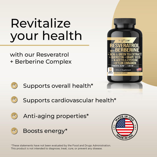 gflow vitamins Resveratrol Supplement - 6000mg Max Strength with Berberine 3000mg Ceylon Cinnamon 1000mg Quercetin 2000mg, n Acetyl cysteine, Green Tea Extract, Acai - 14-in-1 Complex, 100% Natural