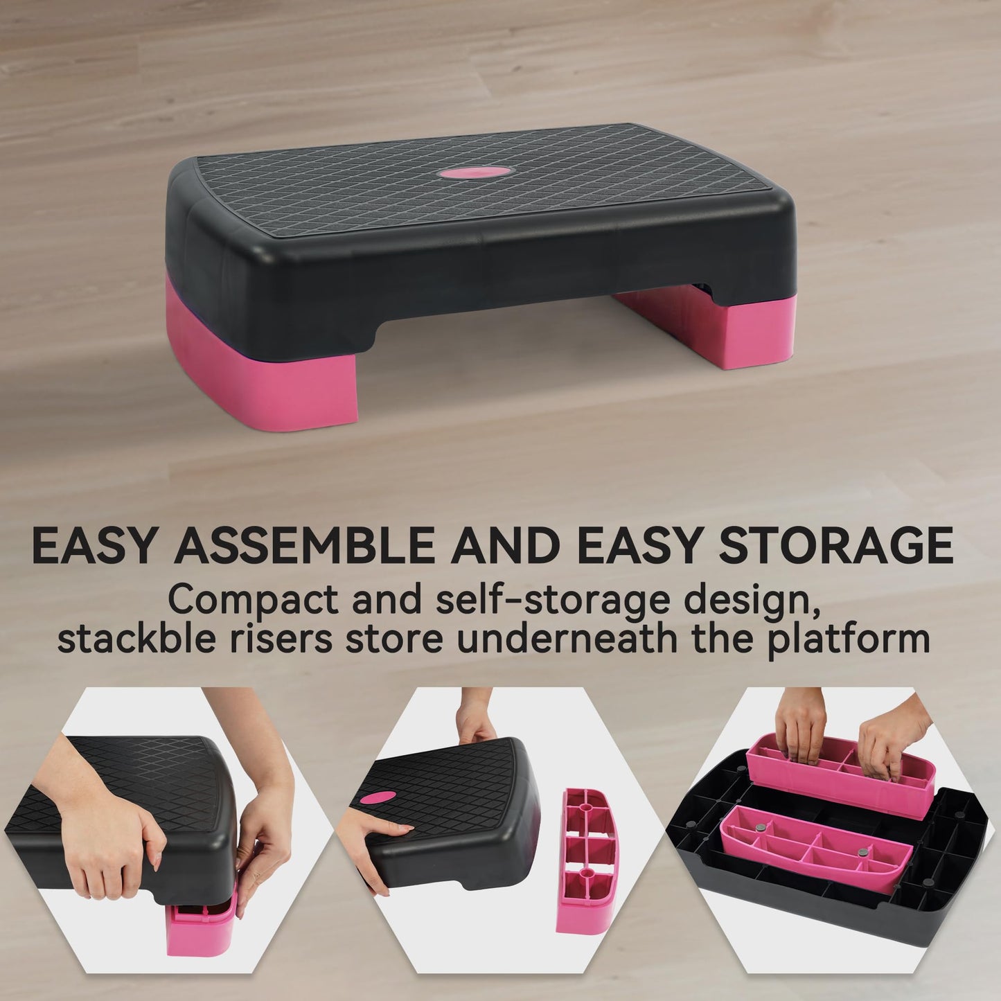 Fitvids 18" Workout Aerobic Stepper Step Platform with 2 Risers, Lightweight Portable Step Up Platform Trainer, Adjustable Height 3.2’’ 5.5’’ for Home Gym, Black and Pink