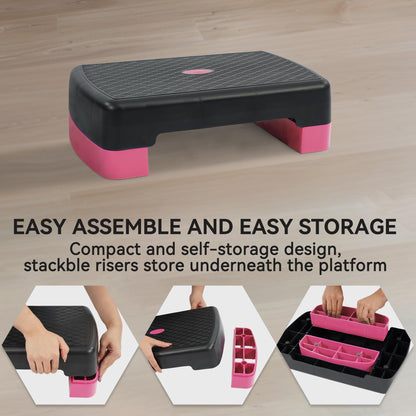 Fitvids 18" Workout Aerobic Stepper Step Platform with 2 Risers, Lightweight Portable Step Up Platform Trainer, Adjustable Height 3.2’’ 5.5’’ for Home Gym, Black and Pink