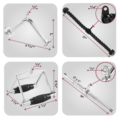Yes4All Combo Double D Handle Cable Attachment, Tricep Rope/Tricep Pull Down Rope, Rotating Straight Bar, and V-Shaped Bar Handle